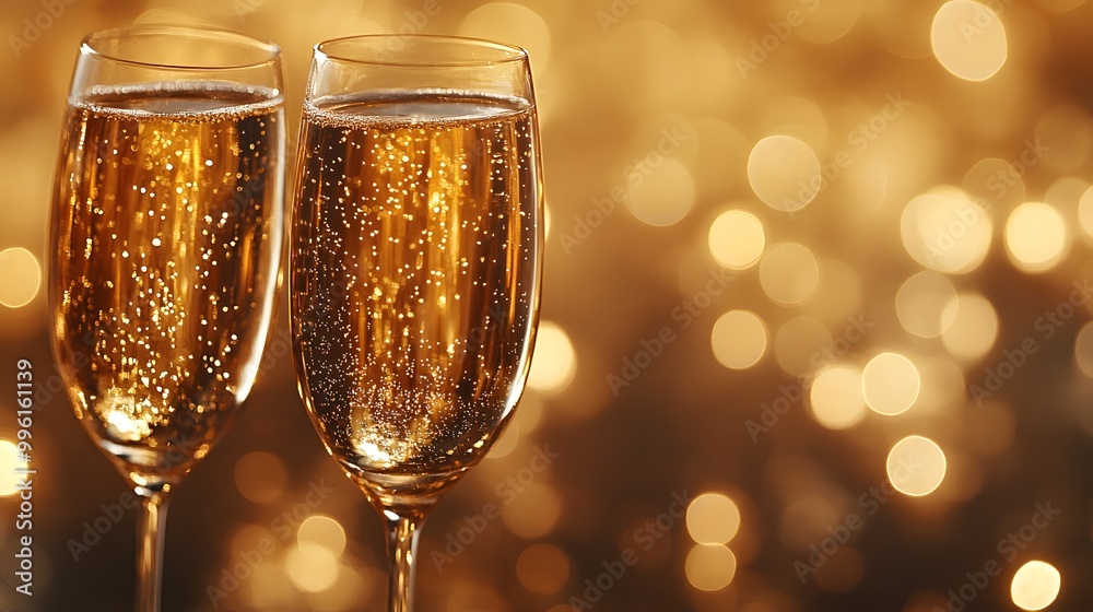 Two elegant champagne glasses sparkle against a golden backdrop, evoking celebrations and joyous moments.