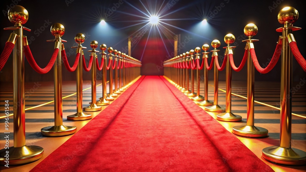 Long red carpet leading to a spotlight underneath stage lighting with ropes on each side Long red carpet leading to a spotlight underneath stage lighting with ropes on each side