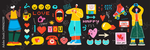 Set of stickers collage in contemporary punk grunge style for Valentine's day isolated on the background. Fun badges in retro style. Vector pictures of pixel hearts, lips and other