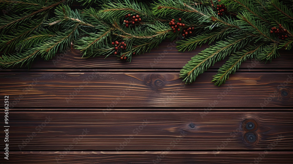 Spruce branches on a dark maroon wood background Spruce branches on a dark maroon wood background