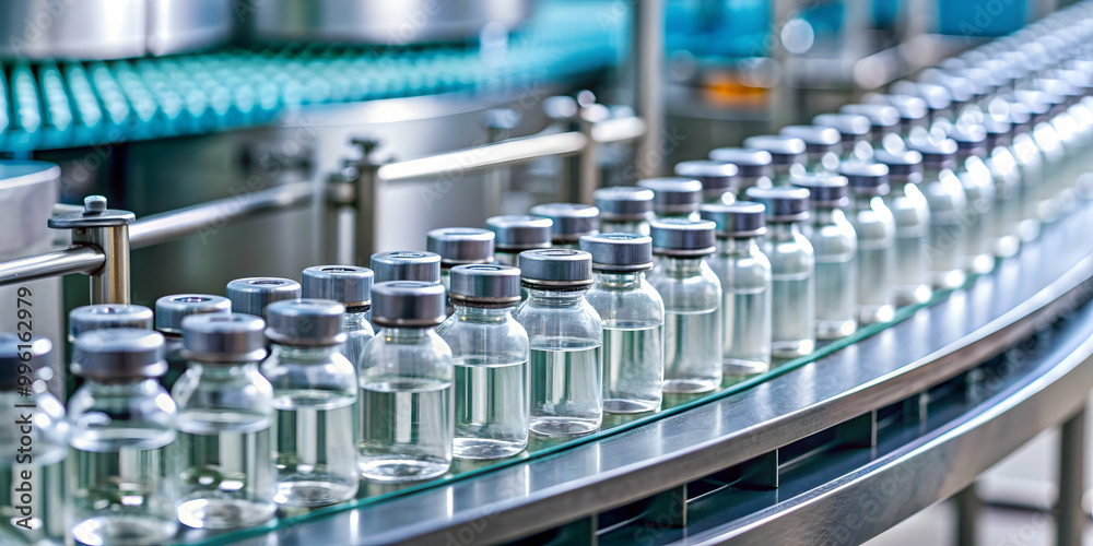 Medical vials moving along a production line at a pharmaceutical factory , production line, pharmaceutical Medical vials moving along a production line at a pharmaceutical factory , production line, pharmaceutical