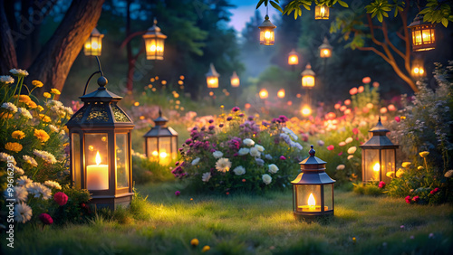 Fototapeta Naklejka Na Ścianę i Meble -  Night garden with flowers and glowing lanterns, night, garden, flowers, glowing, lanterns, peaceful, serene, tranquil