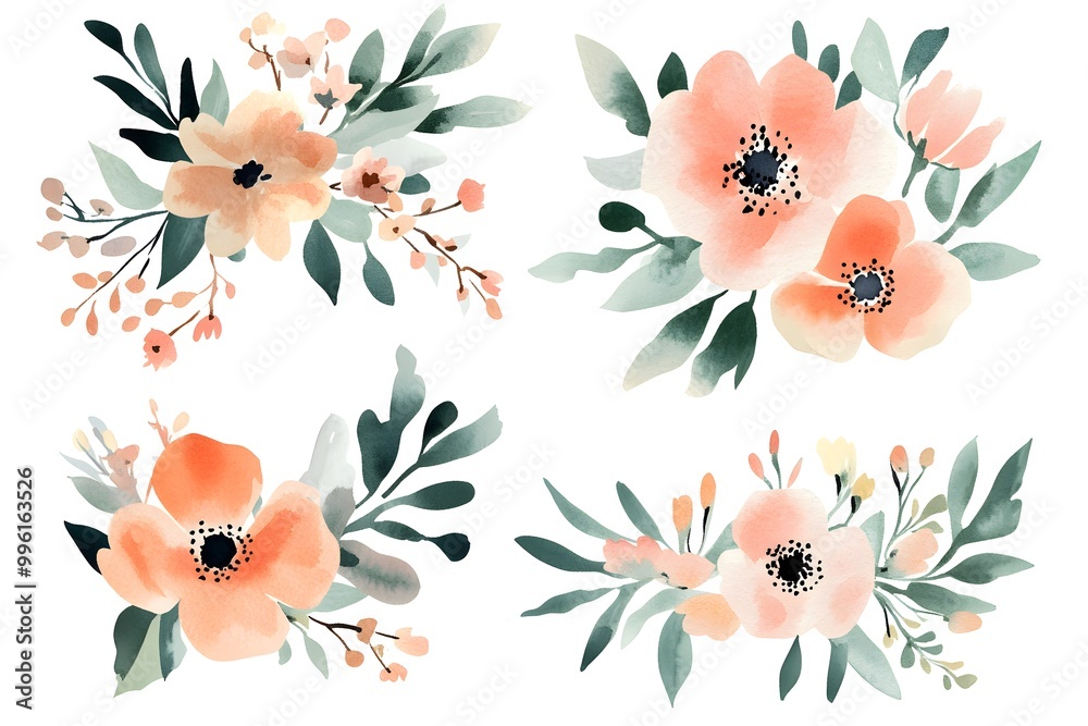 Obraz premium Set of watercolor floral bouquet illustration collection, isolated on a white background. 