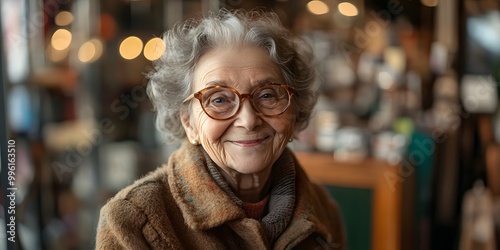 A cheerful elderly woman with curly gray hair smiles warmly while wearing glasses, surrounded by a cozy setting filled with soft lights.