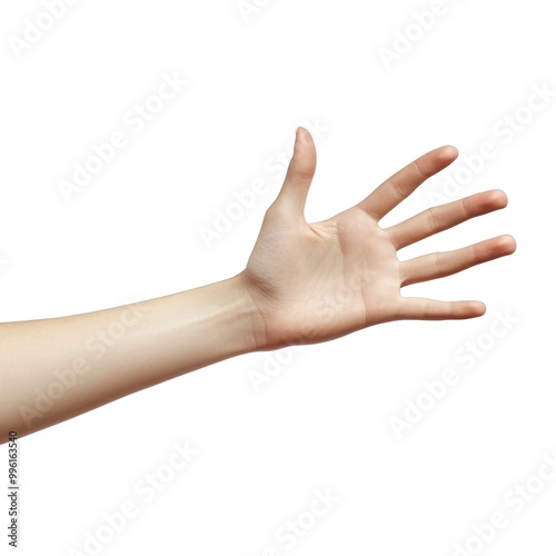 A person reaching out with an open hand indoors transparent