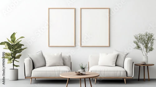 Stylish living room with modern sofas, empty frames, and greenery, creating a cozy and inviting atmosphere for relaxation.