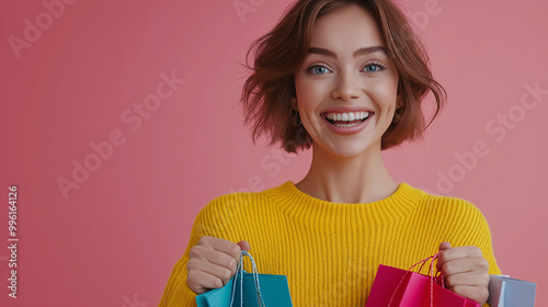 An Asian woman holding shopping bags in one hand, The image has plenty of space for text, perfect for promotional purposes photo