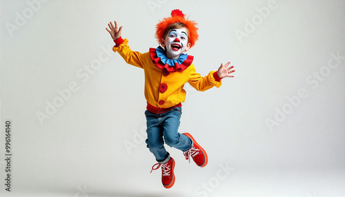 Happy boy wearing clown costume is jumping and having fun