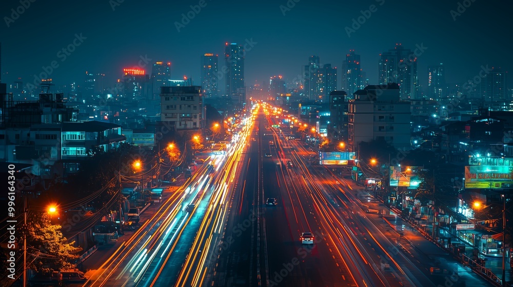 Obraz premium Night Cityscape with Light Trails in Minimalist Style