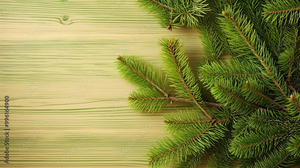 Spruce branches on a light green wood background