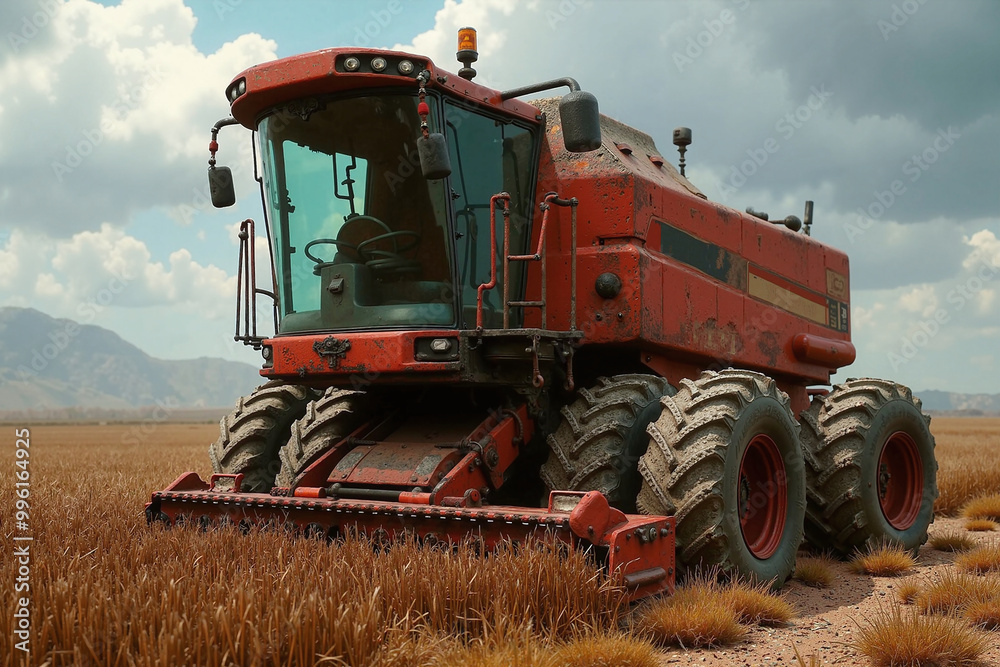 Obraz premium A threshing harvester used in a wheat field to separate stalks and husks from grain seed during harvesting. A farming equipment is utilized to mechanize labor intensive work in an agriculture farm.