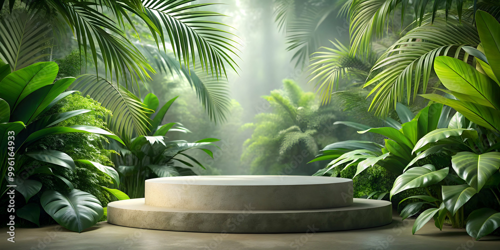 Lush jungle backdrop with stone podium for eco-friendly product display mockup, lush, jungle, backdrop, stone, podium Lush jungle backdrop with stone podium for eco-friendly product display mockup, lush, jungle, backdrop, stone, podium