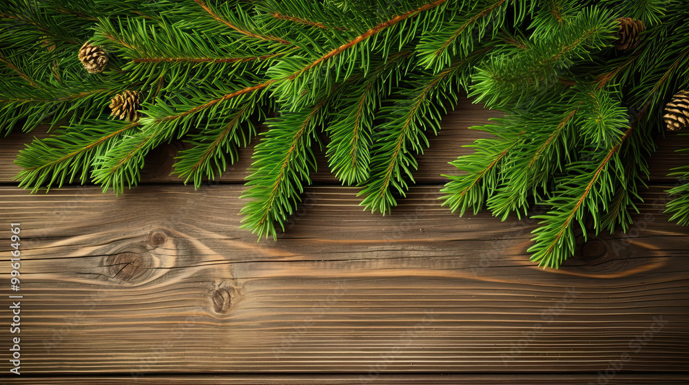 Spruce branches on a light green wood background Spruce branches on a light green wood background