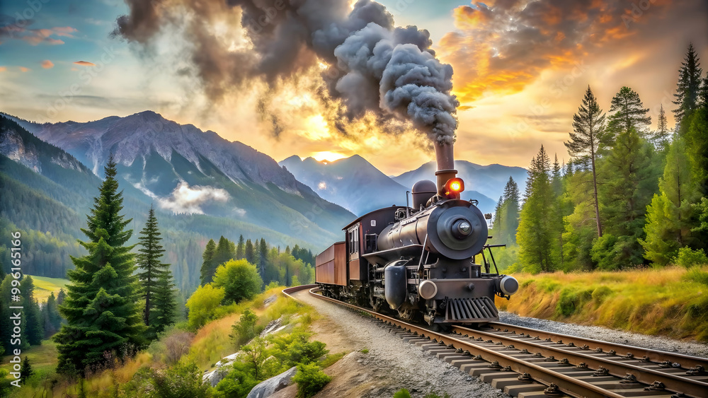 Fototapeta premium Vintage steam locomotive traveling on a railway track surrounded by nature and mountains, vintage, steam locomotive