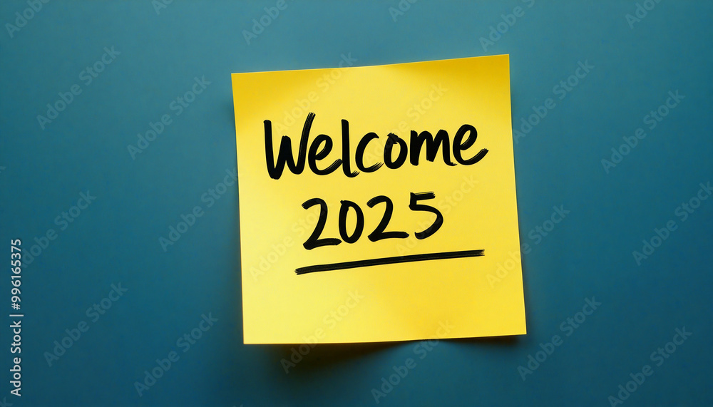 Welcome 2025 saying on yellow sticky note against blue wall Welcome 2025 saying on yellow sticky note against blue wall