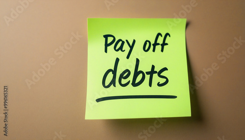 Pay off debts reminder on bright green sticky note photo