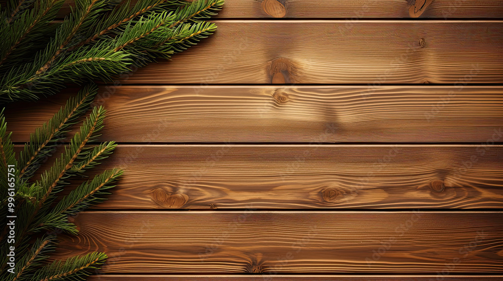 Spruce branches on a vivid brown wood background Spruce branches on a vivid brown wood background