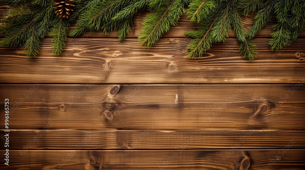 Spruce branches on a vivid brown wood background Spruce branches on a vivid brown wood background