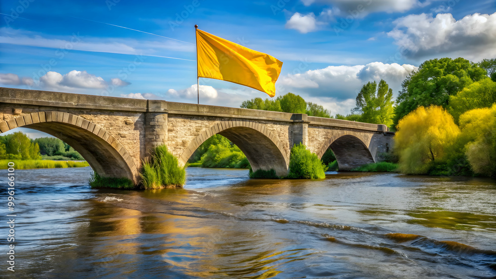 Fototapeta premium Bridge over river with yellow flag fluttering in the wind, bridge, river, yellow flag, flag, water, landscape