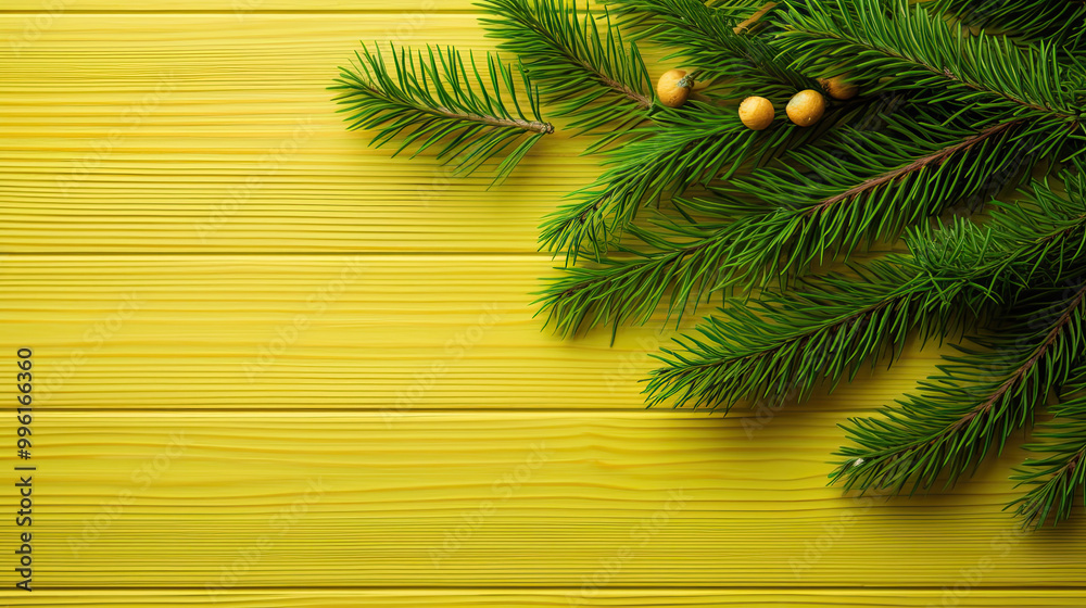 Spruce branches on a vivid lime wood background