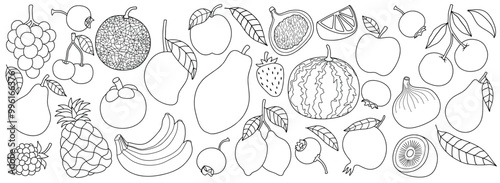 Set of drawing cute fruits with line art style.
