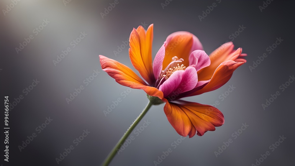Fototapeta premium A single orange and pink cosmos flower with delicate petals against a soft grey background.