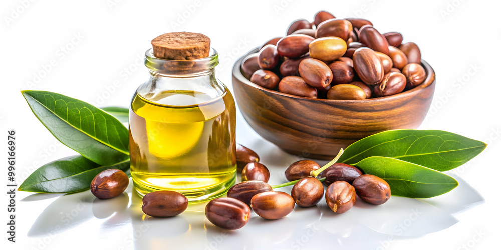 Jojoba fruits and jojoba oil on white backgrounds, Jojoba, fruit, oil, beauty, skincare, natural, organic, cosmetic, ingredient Jojoba fruits and jojoba oil on white backgrounds, Jojoba, fruit, oil, beauty, skincare, natural, organic, cosmetic, ingredient