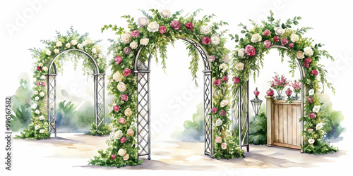 Watercolor s of elegant wedding gate designs for a romantic and dreamy event , Watercolor, wedding, gate, design, romantic, s