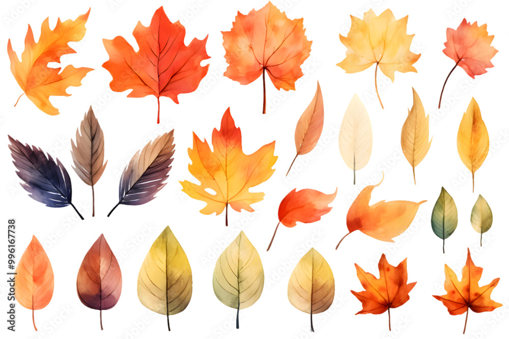 Naklejka premium Autumn yellow leaves watercolor collection isolated on transparent background