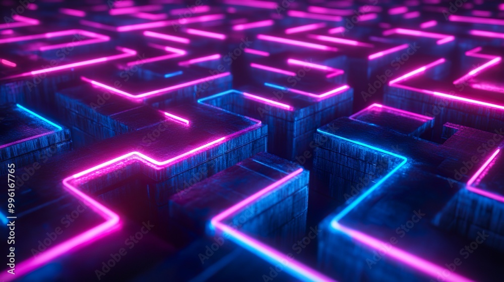 Neon Maze Formed by Glowing Lines in Dark Void Background Neon Maze Formed by Glowing Lines in Dark Void Background