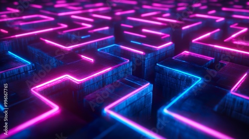 Neon Maze Formed by Glowing Lines in Dark Void Background