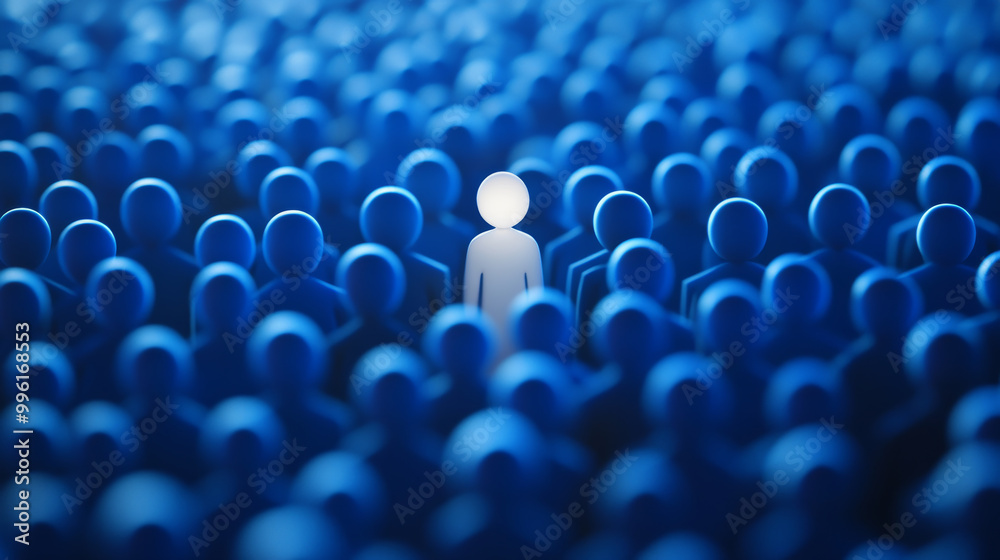 Obraz premium distinct white figure stands out among sea of blue silhouettes, symbolizing individuality and uniqueness in crowded environment. This image evokes sense of isolation and clarity