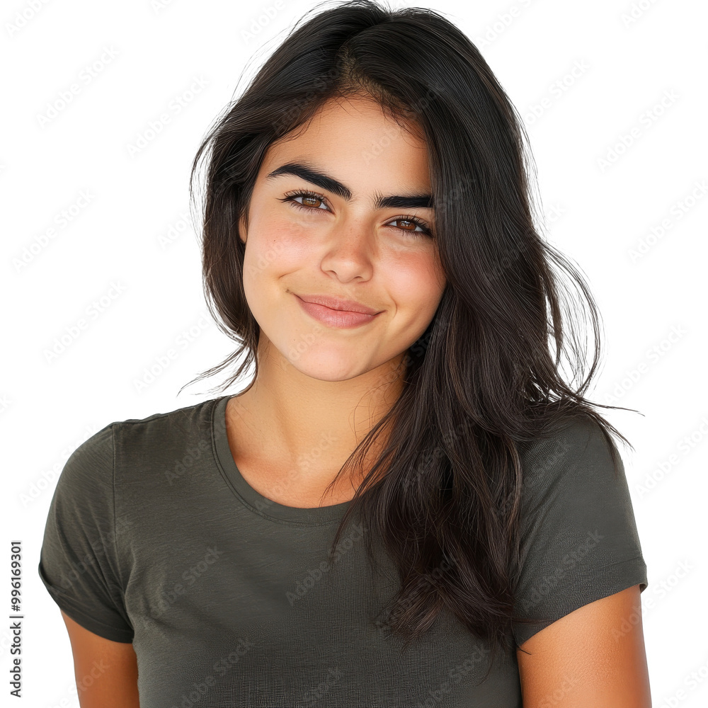 Smiling woman in plain shirt, white bg transparent