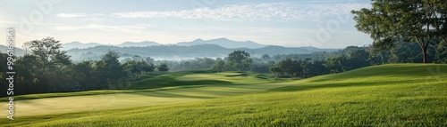 Panoramic view of a beautiful golf course at sunrise, with lush greenery and serene landscape capturing the peaceful morning light