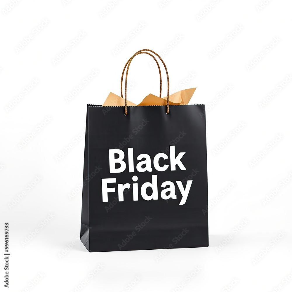 Black paper bag for Black Friday. Isolated. White background.AI generated