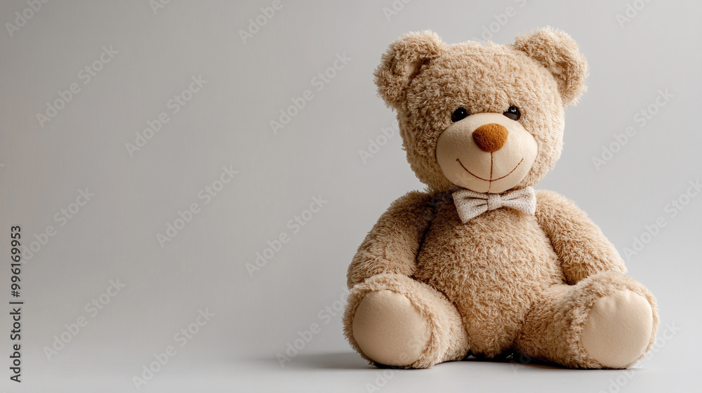 A light brown teddy bear sits on a light surface. A light brown teddy bear sits on a light surface.