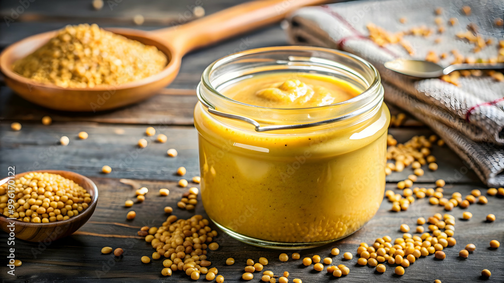 Close-up of a jar of mustard sauce and whole grain mustard, condiments, condiment jars, cooking, mustard seeds Close-up of a jar of mustard sauce and whole grain mustard, condiments, condiment jars, cooking, mustard seeds