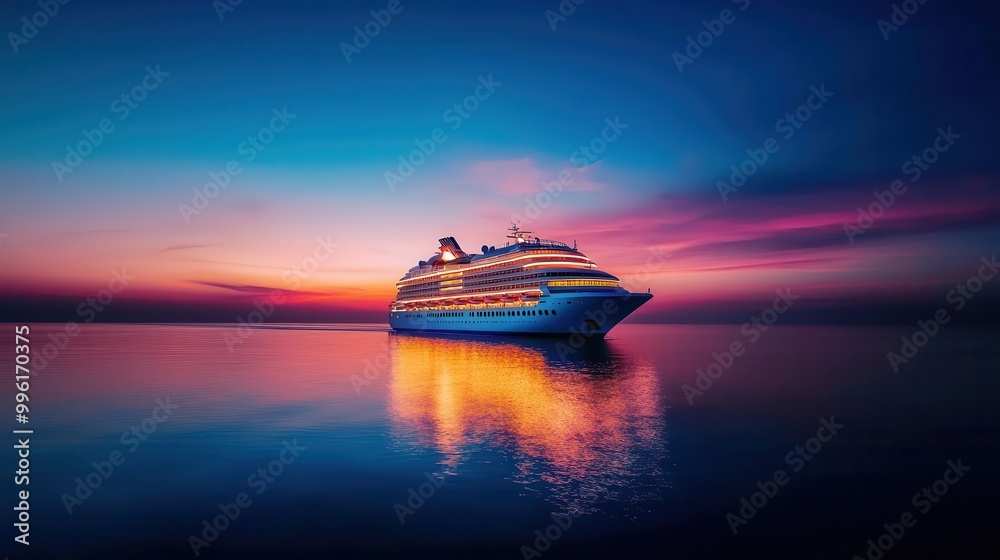 A cruise ship illuminated by a vibrant orange and pink sunset, the ocean reflecting the bright hues, calm and magical A cruise ship illuminated by a vibrant orange and pink sunset, the ocean reflecting the bright hues, calm and magical