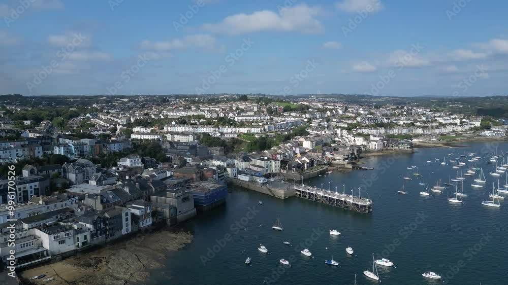 Falmouth, Cornwall, England: DRONE VIEWS: Falmouth town, St Mawes ferry quay and yachts moored on the River Fal. Falmouth is a port town and popular UK holiday destination (1). Falmouth, Cornwall, England: DRONE VIEWS: Falmouth town, St Mawes ferry quay and yachts moored on the River Fal. Falmouth is a port town and popular UK holiday destination (1).