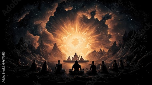 Grand temple painting of Vishnu presiding over a cosmic festival, devas and asuras in harmony, Vishnu festival, divine celebration, cosmic balance photo