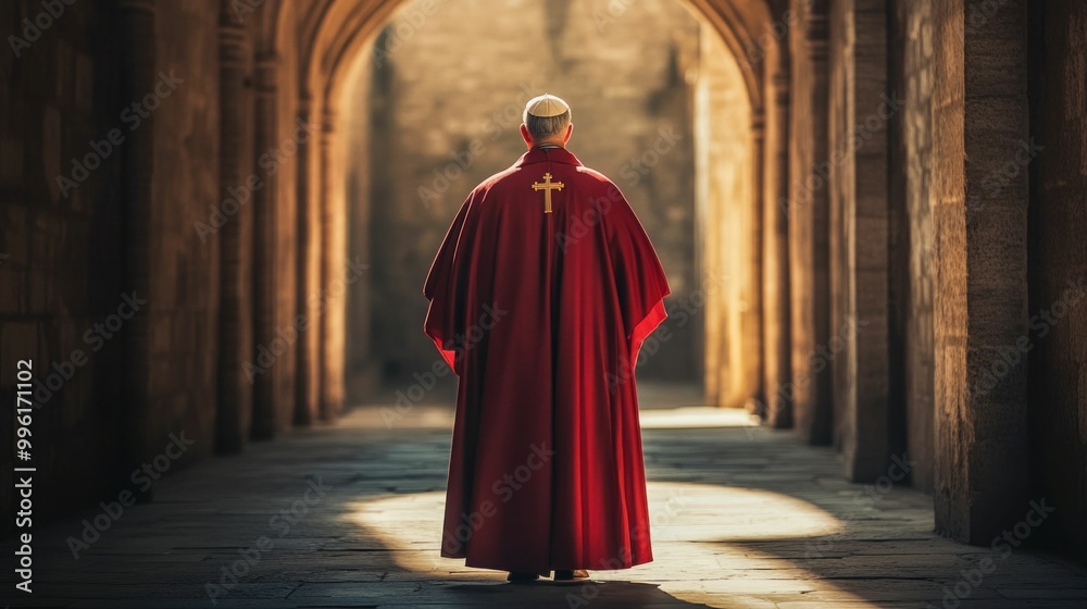 Cardinal in Red Cassock Walking in Historic Archway. Generative ai Cardinal in Red Cassock Walking in Historic Archway. Generative ai