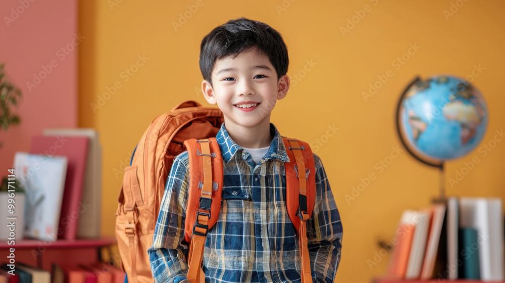 Fototapeta premium Study aboard, A young Asian boy with a backpack, smiling excitedly as he prepares to study abroad. He's standing against a soft pastel studio backdrop, surrounded by travel books