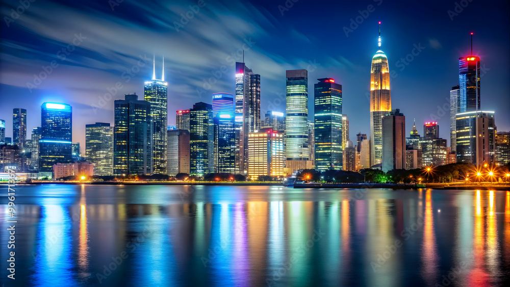 Fototapeta premium City skyline with bright lights and illuminated buildings at night, city, skyline, night, lights