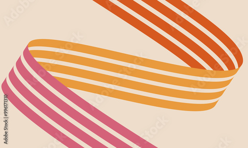 Abstract retro 60-70s design with colorful stripes on beige background. Vintage hippie wallpaper with wavy lines