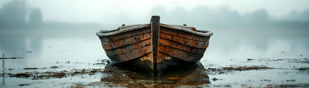 A Weathered Wooden Rowboat Sits Aground in a Foggy Lake A Weathered Wooden Rowboat Sits Aground in a Foggy Lake