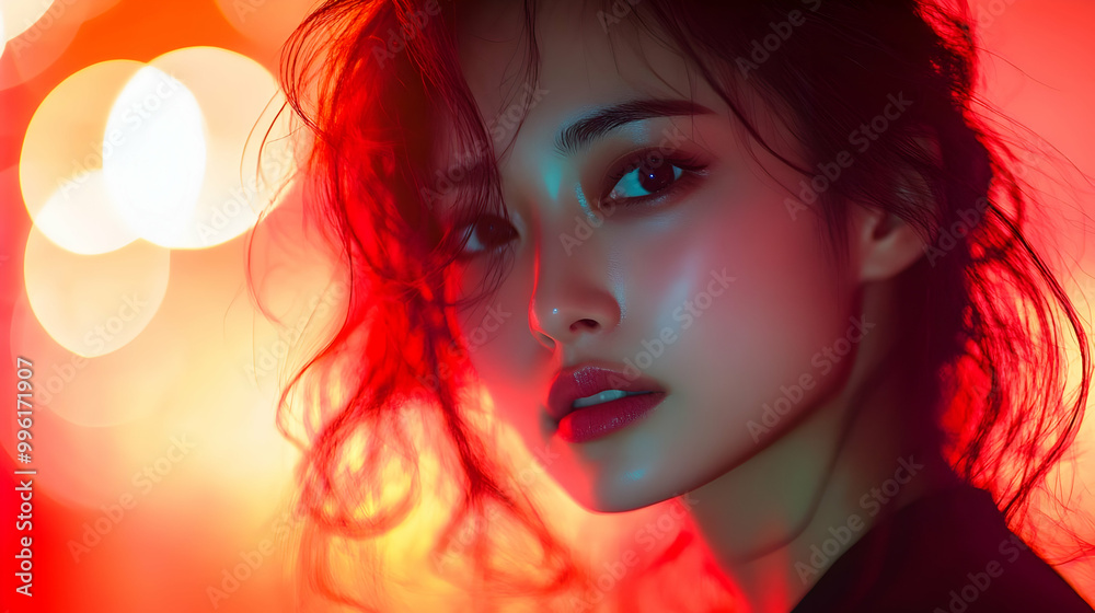 A Woman's Portrait with Red and Blue Lighting in a Close-up Shot with a Bokeh Background A Woman's Portrait with Red and Blue Lighting in a Close-up Shot with a Bokeh Background