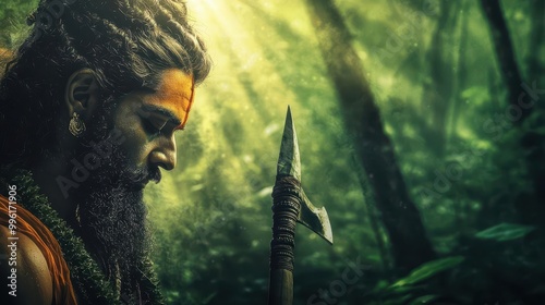 Vishnu as Parashurama, wielding an axe, ready for battle in a lush ancient forest, Parashurama, avatar, warrior mythology