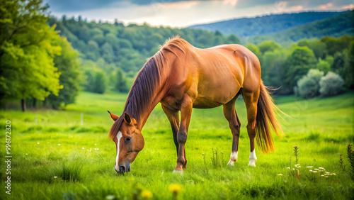 Close-up of a beautiful horse grazing on a lush green meadow, horse, grazing, green, meadow, close-up, animal, nature, wildlife