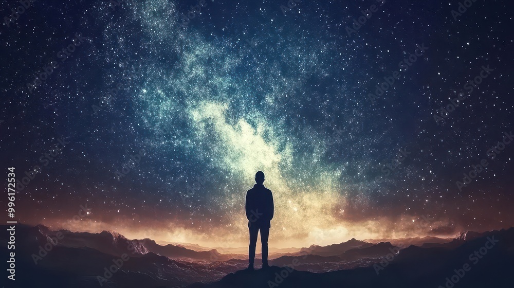 man gazing at milky way galaxy starry night sky wonder aweinspiring cosmic landscape surreal dreamy atmosphere human and universe connection aigenerated artwork man gazing at milky way galaxy starry night sky wonder aweinspiring cosmic landscape surreal dreamy atmosphere human and universe connection aigenerated artwork