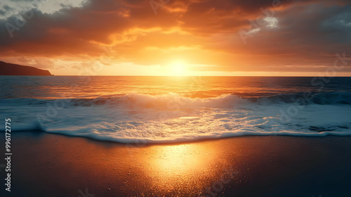 Golden Sunset Over the Ocean with Foamy Waves Crashing on the Beach